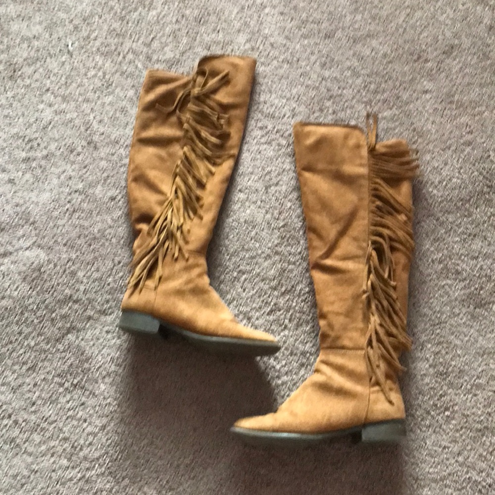 Tan brown knee high boots with tassels